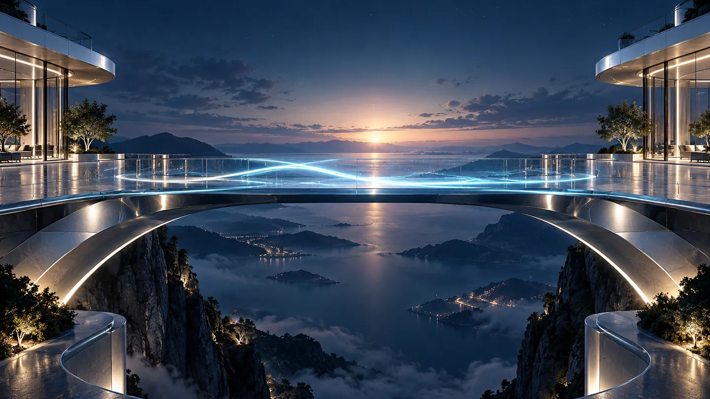 Puente de luz entre dos espacios como símbolo de conexión.